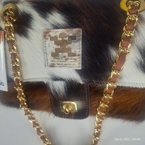 Genuine Charlie Leather "Giuliana" Black/White/Brown Fur Leather Handbag-NWT - Picture 9 of 12